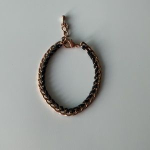 Bracelet - black string and rose gold chain thin